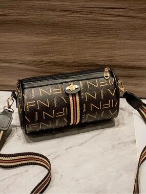 Monogram Bee Accent Barrel Crossbody Bag - Black /Brown/-Red Stripe NIP